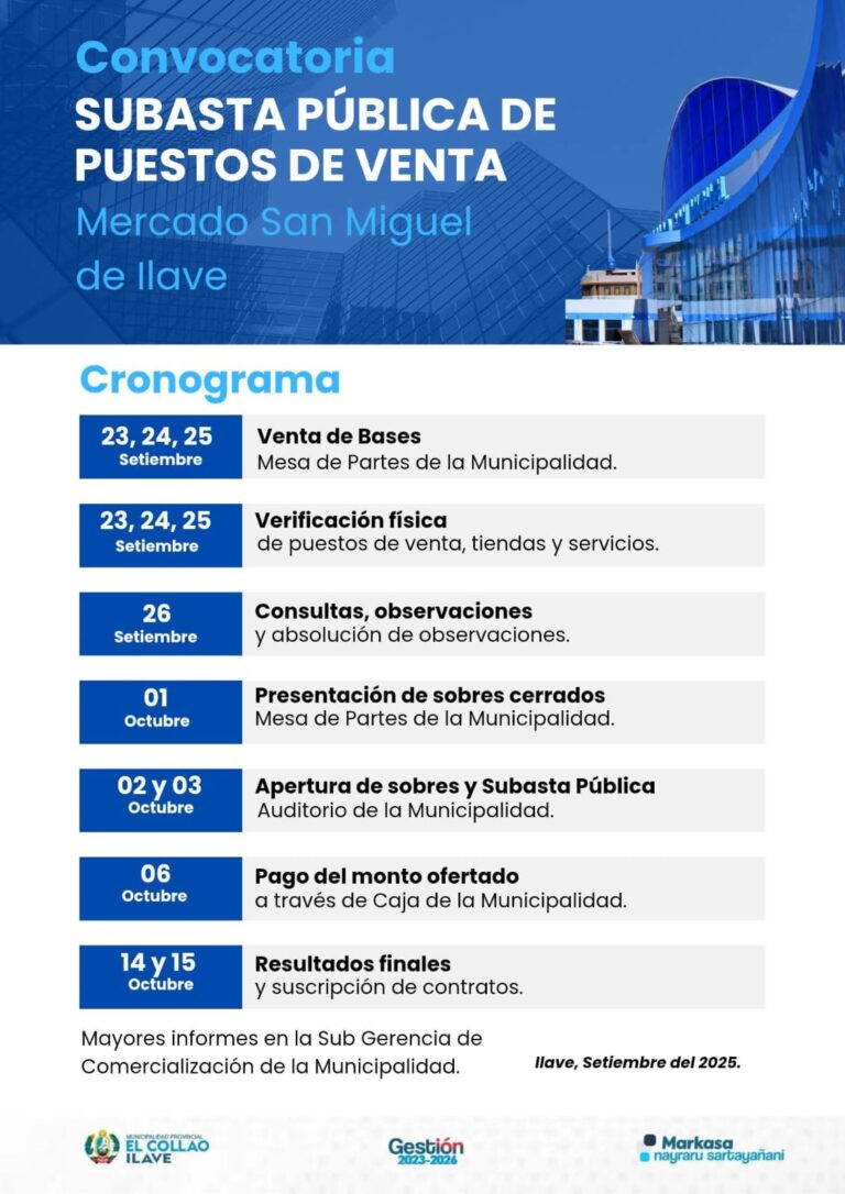 BASES ADMINISTRATIVAS PARA EL ARRENDAMIENTO DE TIENDAS, PUESTOS DE VENTA SERVICIOS PUBLICOS DEL MERCADO DE ABASTOS MUNICIPAL NUEVO SAN MIGUEL – ILAVE
